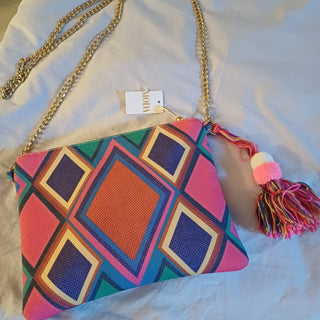 Pochette zippée en coton multicolore avec pompon et chaînette