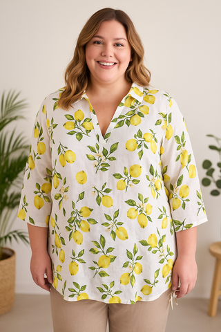 Blouse blanche en lin imprimé citron - Taille XXL (44-46)