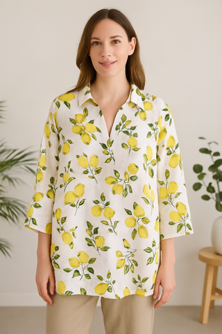 Blouse blanche en lin imprimé citron - Taille XXL (44-46)