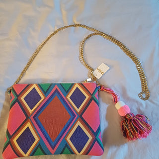 Pochette zippée en coton multicolore avec pompon et chaînette