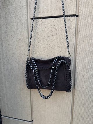 Sac cabas en daim marron à bordures chaînettes